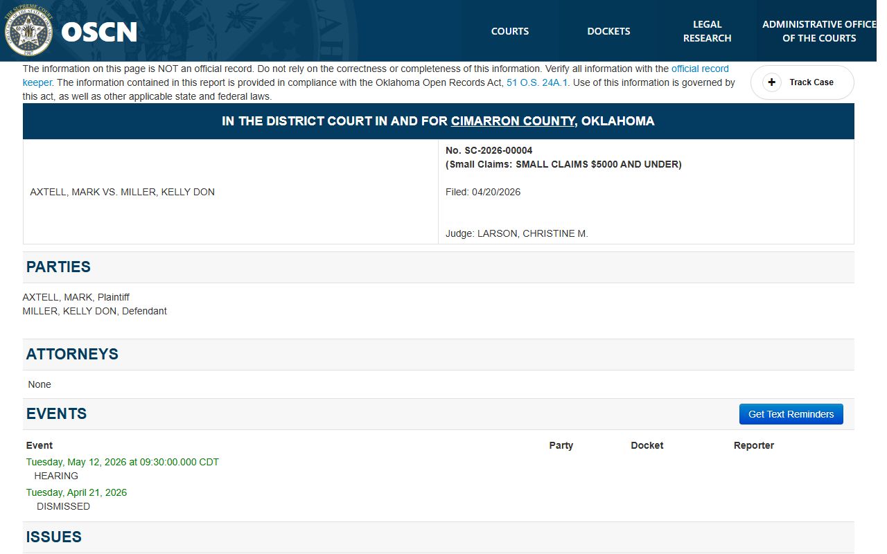 Cimarron County court records small claims case on OSCN