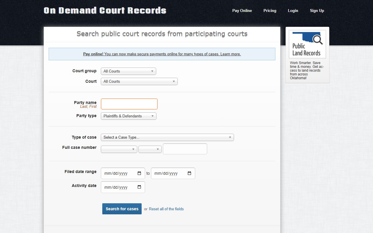Cimarron County court records search on the ODCR public portal