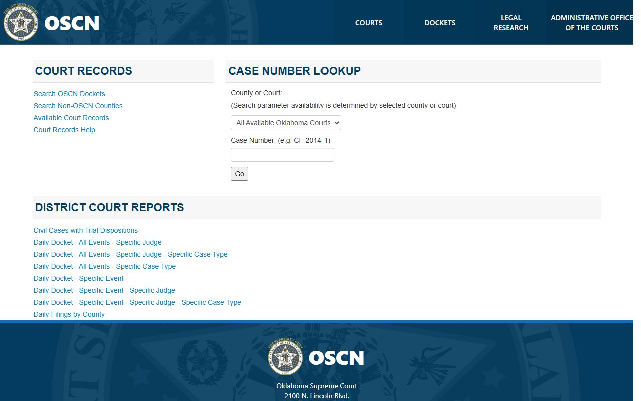 Cimarron County court records search on the OSCN dockets landing page