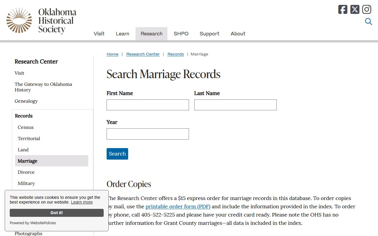 Cimarron County marriage records search through the Oklahoma Historical Society marriage index