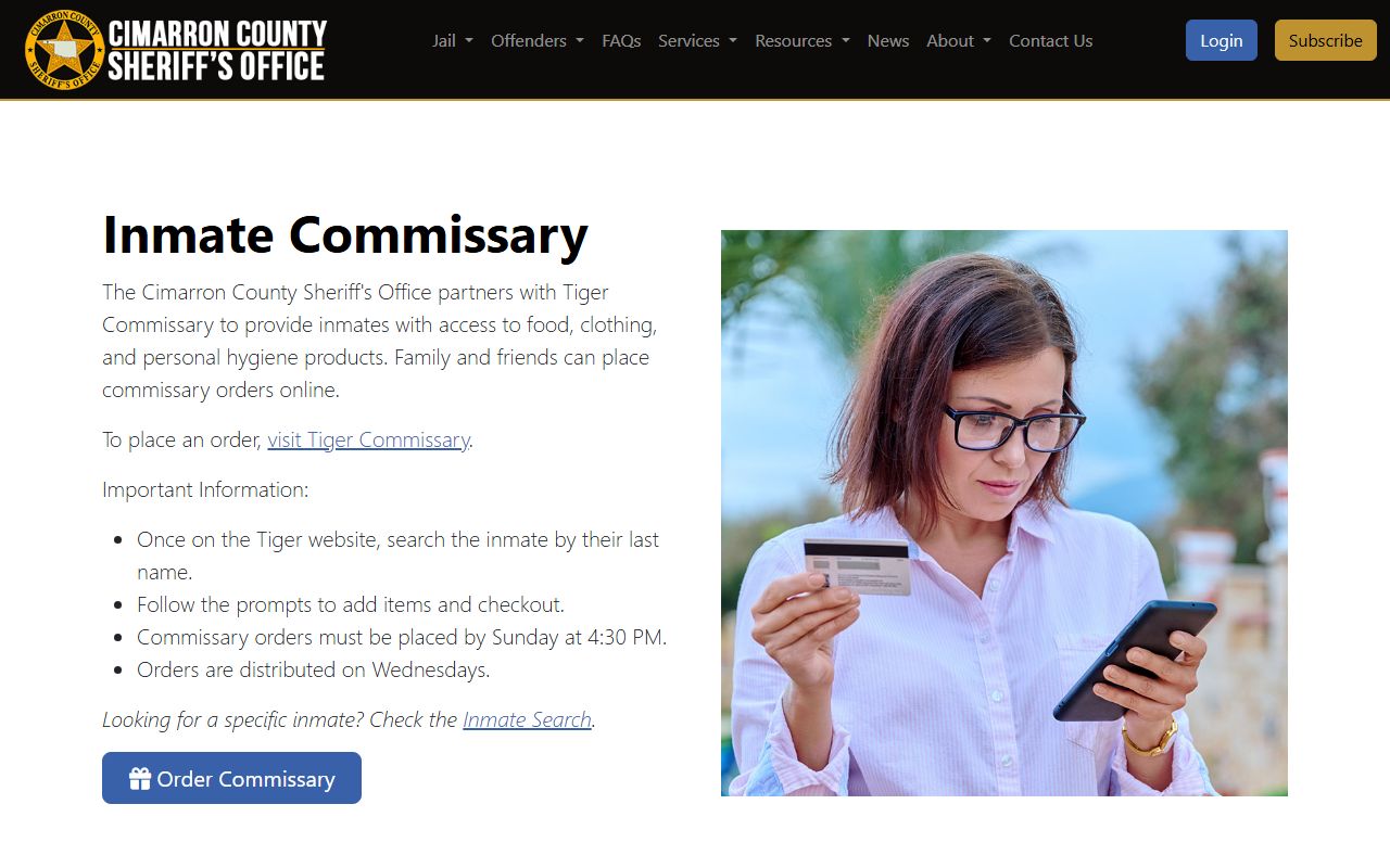Cimarron County jail commissary ordering instructions through Tiger Commissary
