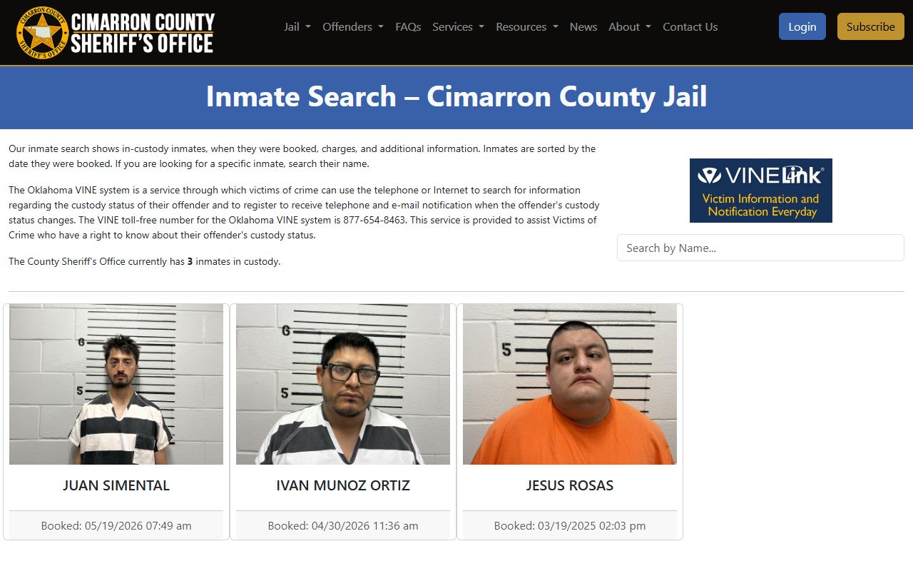 Cimarron County inmate search page showing the jail roster and VINE link
