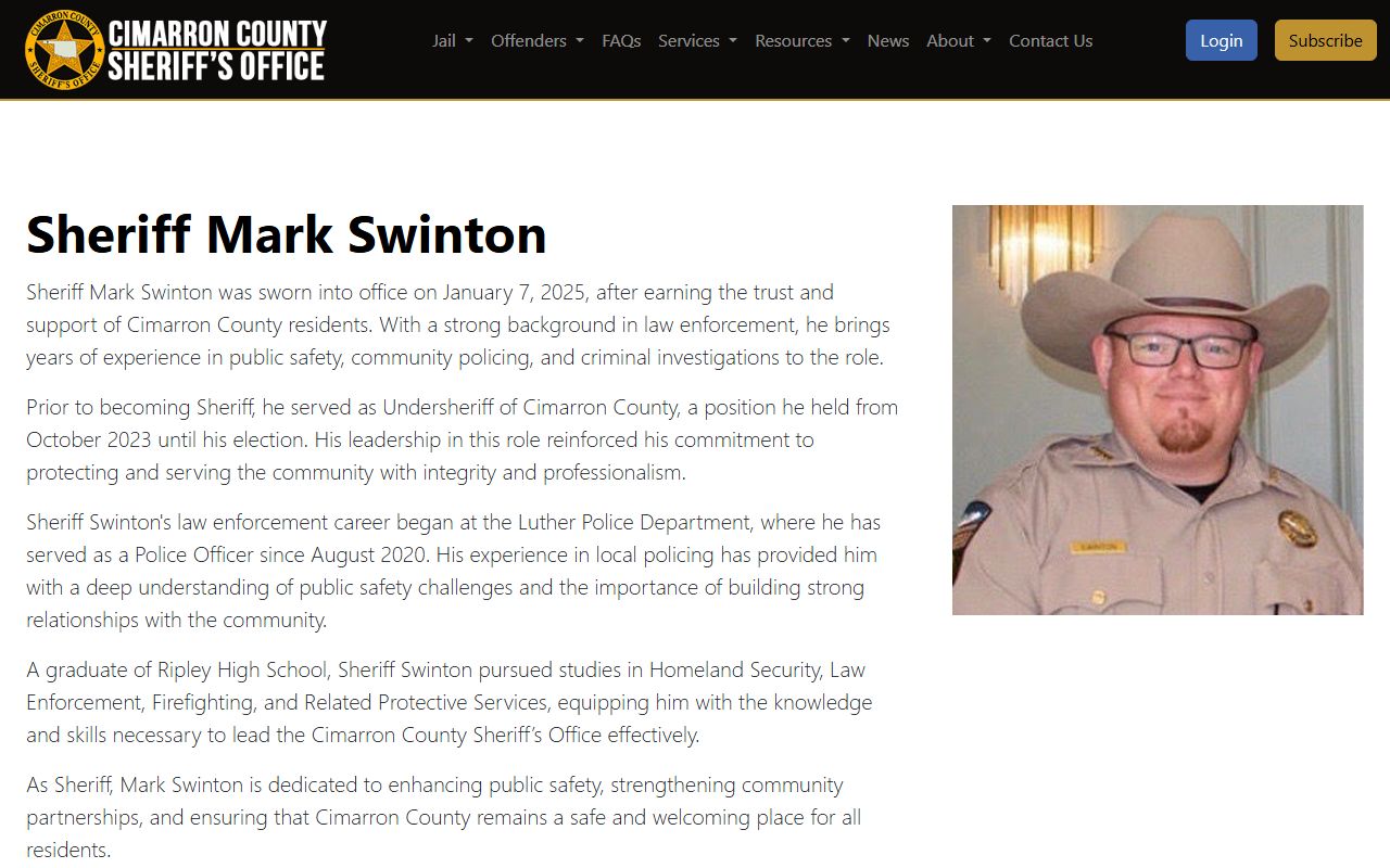 Sheriff Mark Swinton biography page for the Cimarron County jail and inmate office