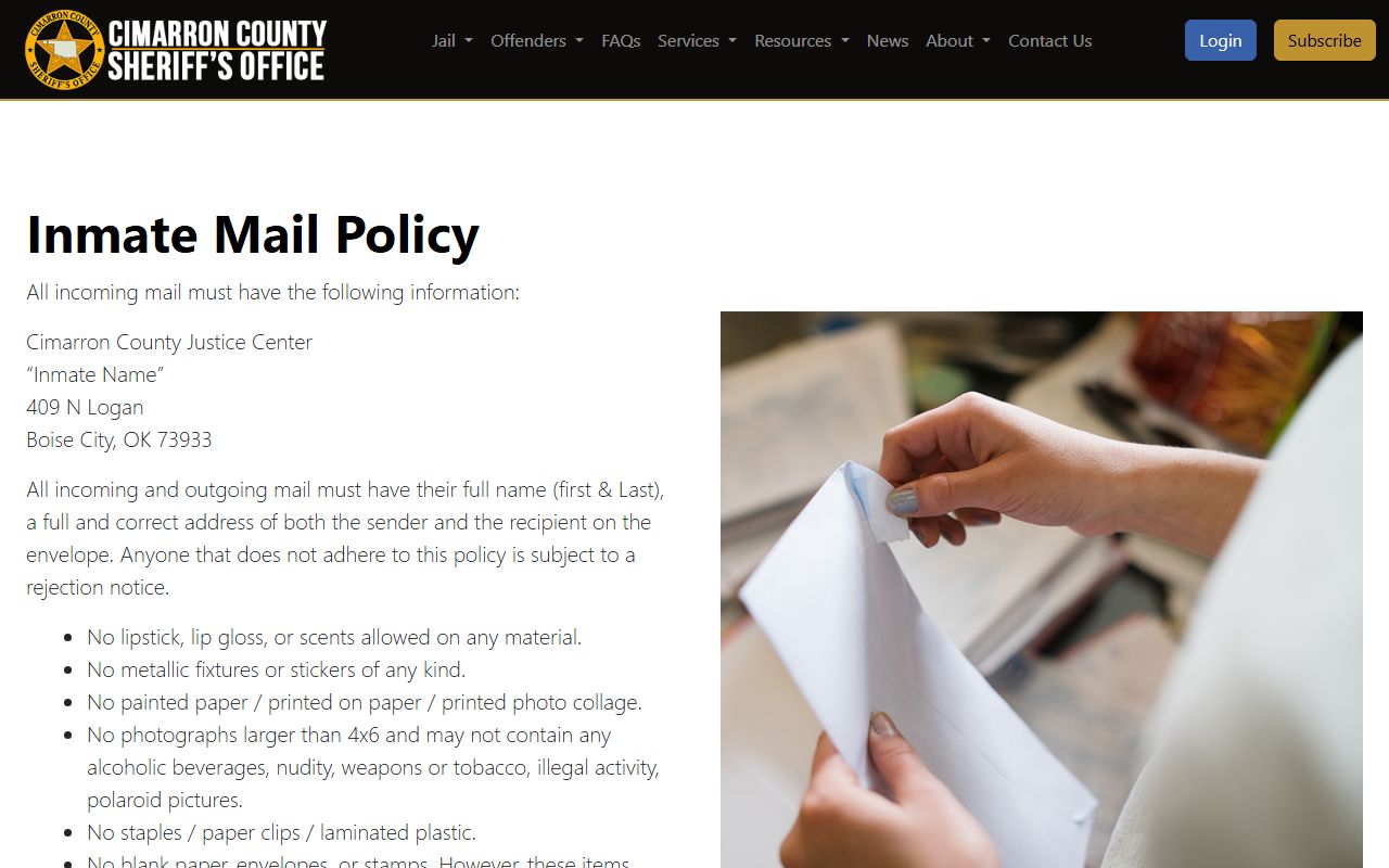 Cimarron County inmate phone and mail rules for contacting jail inmates