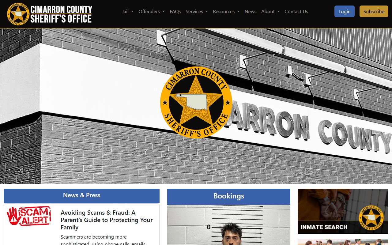 Cimarron County Sheriff's Office home page with jail and inmate links