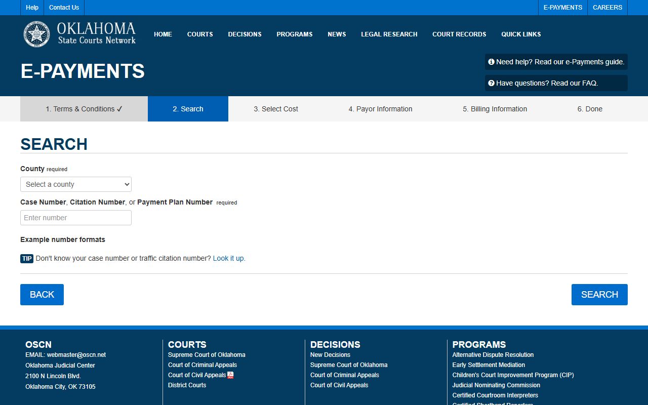 Cimarron County traffic ticket OSCN e-payment search page