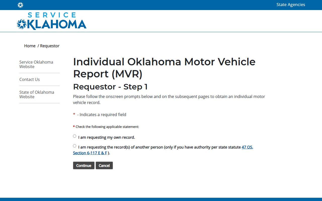 Oklahoma individual motor vehicle report request for Cimarron County drivers