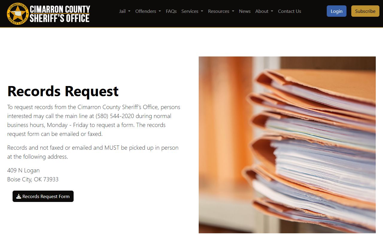 Cimarron County sheriff records request page for warrant and report documents